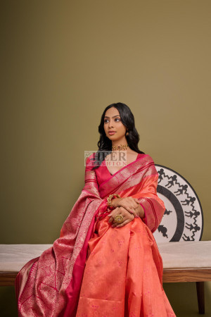 Peach color tussar silk saree with bandhani weaving work