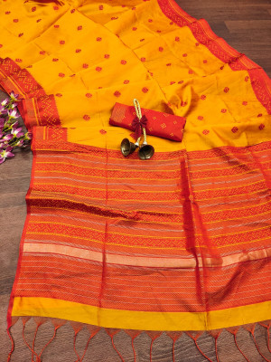 Yellow  color soft raw silk saree with weaving work