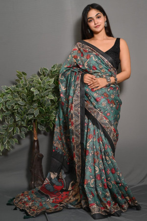 Rama green color soft silk saree with digital printed work