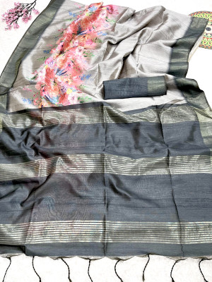 Gray color soft cotton silk saree with floral printed work