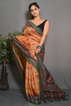 Yellow color soft silk saree with digital printed work