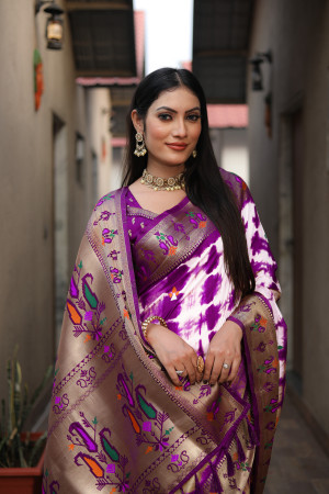 Magenta color dola silk saree with shibori print & zari weaving work