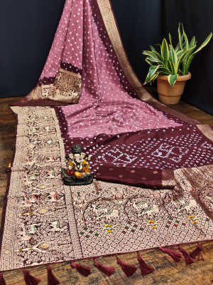 Dusty pink and maroon color bandhej silk saree with meenakari weaving work