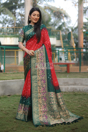 Multi color bandhej silk saree with zari weaving work