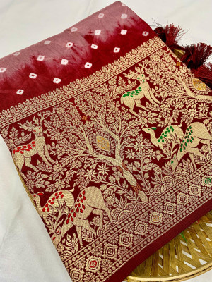 Beige and maroon color bandhej silk saree with meenakari weaving work