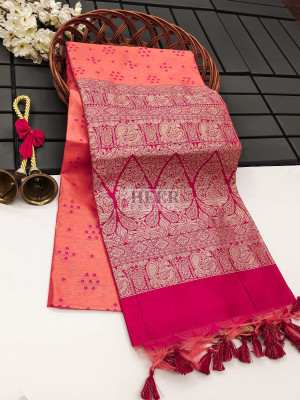 Peach color tussar silk saree with bandhani weaving work