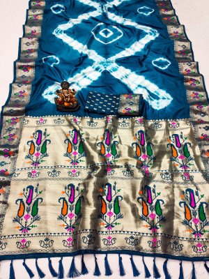 Firoji color soft dola silk saree with shibori print & zari weaving work