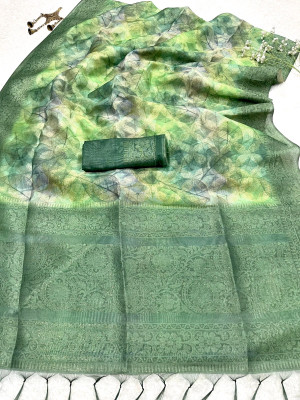 Green color chanderi silk saree with zari weaving work