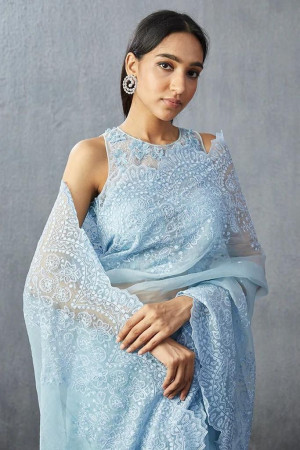Sky blue color organza saree with embroidery work