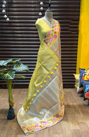Lemon yellow color soft silk saree with pichwai printed work