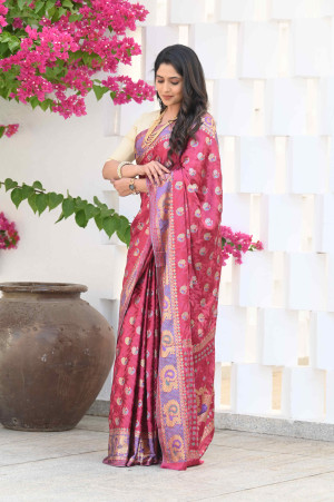 Pink color soft jacquard silk saree with foil printed work