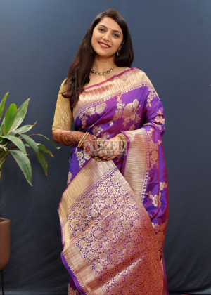 Purple color banarasi silk saree with zari weaving work