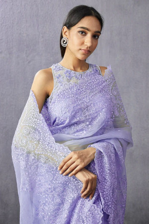 Lavender color organza saree with embroidery work