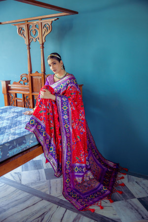 Red color soft paithani patola silk saree with zari weaving work