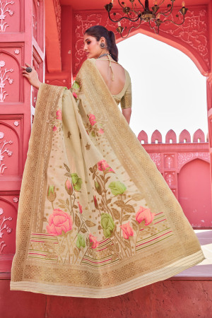 Cream color soft cotton saree with woven design