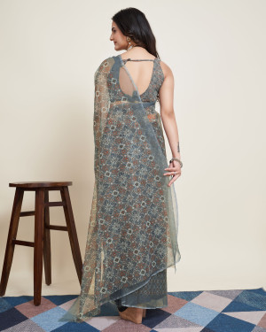 Gray color soft organza silk saree with printed work