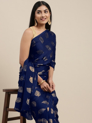 Navy blue color pure satin silk saree with foil printed work