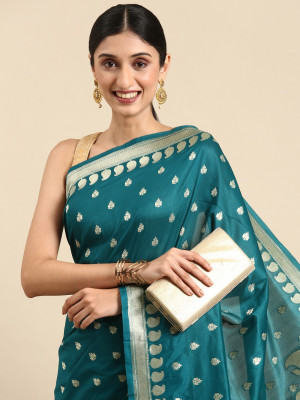 Rama green color banarasi cotton silk saree with floral woven motifs