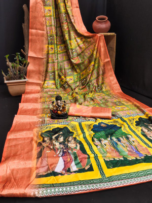 Yellow and orange color dola silk saree with kalamkari printed work