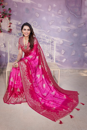 Pink color viscose silk saree with zari weaving work