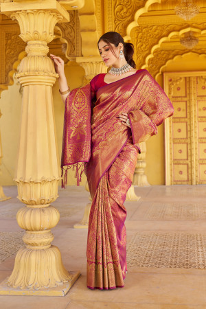Purple color soft silk saree with zari weaving work