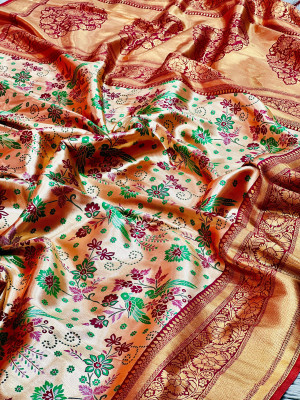 Marron color banarasi silk saree with zari weaving work