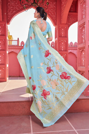 Sky blue color soft cotton saree with woven design