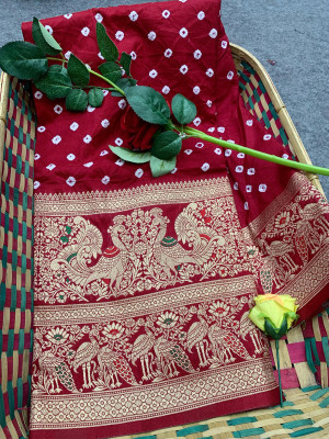 Maroon color bandhej silk saree with meenakari weaving work