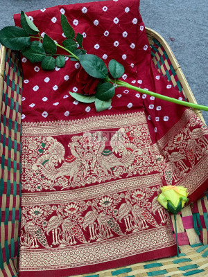 Maroon color bandhej silk saree with meenakari weaving work