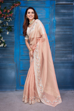 Peach color organza silk saree with diamond and embroidery work