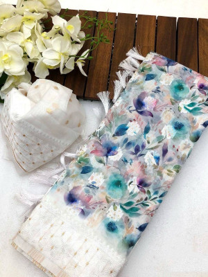Multi color soft linen cotton silk saree with digital printed work