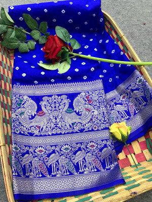 Royal blue color bandhej silk saree with meenakari weaving work