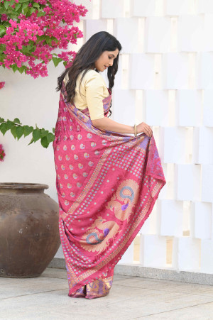 Pink color soft jacquard silk saree with foil printed work