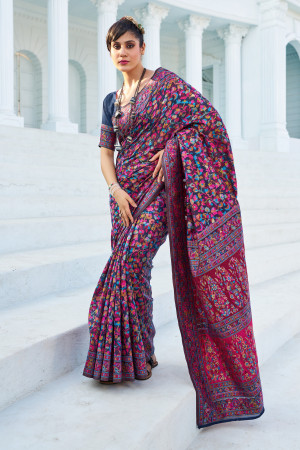 Navy blue color soft pashmina silk saree with woven design