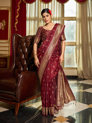Maroon color soft silk saree with zari weaving work