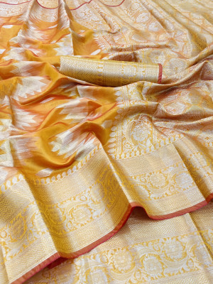 Mustard yellow color organza silk saree with zari weaving work
