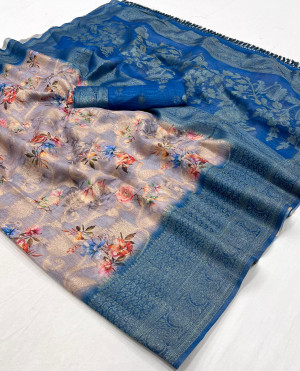 Multi color soft linen silk saree with zari weaving & digital printed work