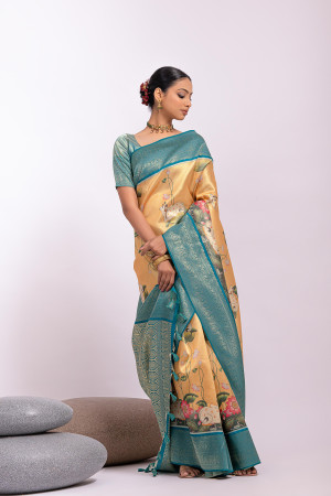 Yellow soft kanjivaram silk saree with zari weaving work
