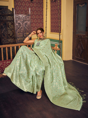 Sea green color katan silk saree with zari weaving work