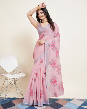 Baby pink color cotton silk saree with printed work