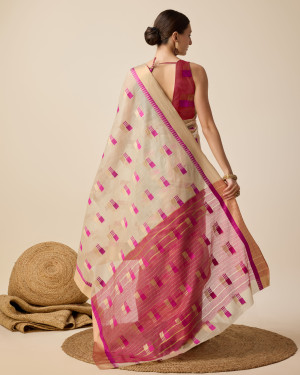 Cream color cotton silk saree with weaving work