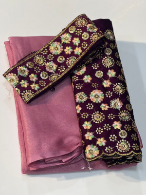 Plain pink chiffon saree with coding embroidery & sequence blouse , belt