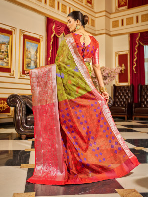 Mahendi green color soft cotton saree woven design