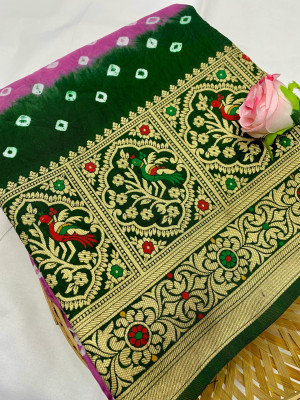 Baby pink and green color bandhej silk saree with meenakari weaving work