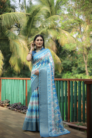 Sky blue color dola silk saree with digital printed work