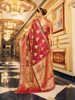 Wine color soft organza silk saree with zari weaving work
