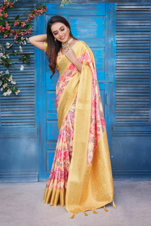 Light yellow color dola silk saree with digital printed work