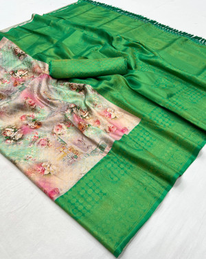 Green color soft kanjivaram silk saree with digital printed work