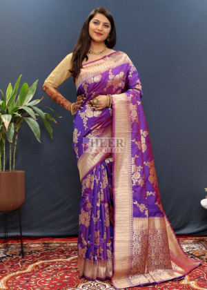 Purple color banarasi silk saree with zari weaving work