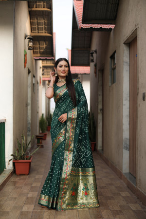 Dark green color hand bandhej silk saree with meenakari weaving work